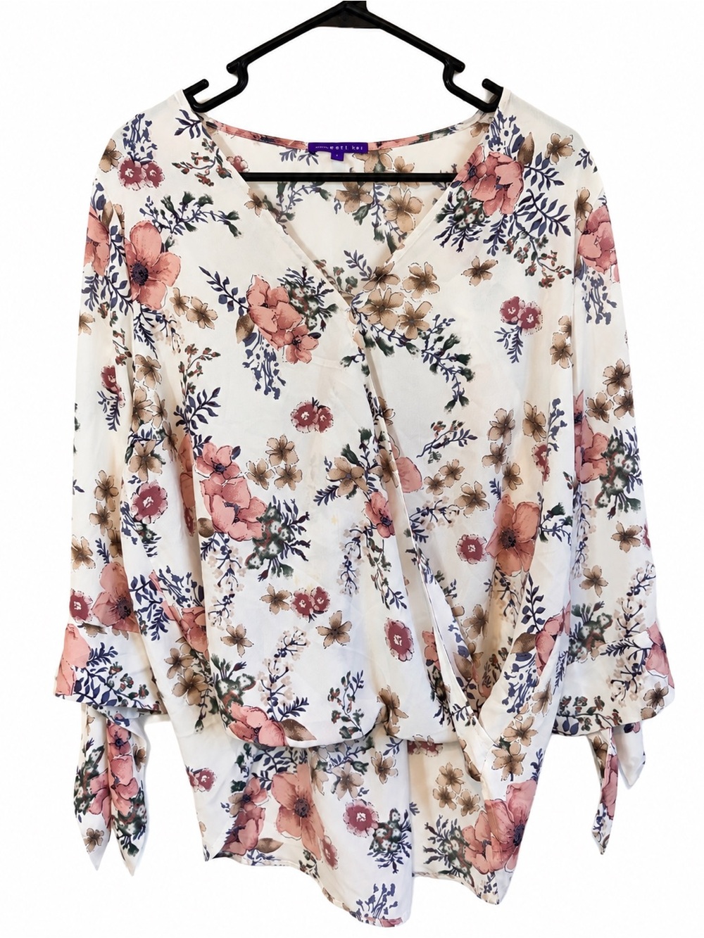 Floral Surplice Wrap Blouse Tie Sleeve Boho Top Size Large
